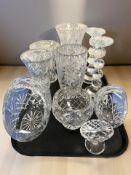 A group of crystal vases, baskets, pair of candlesticks, etc.