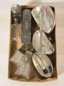 A group of silver topped dressing table jars, hand brush,