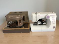 A Toyota electric sewing machine with lead and pedal and a further Singer sewing machine