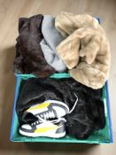 A group of simulated fur coats, pair of Puma trainers (appear unused, size 9.5), and other clothing.