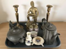 Two 19th century pewter teapots, brass figure of a miner, pair of candlesticks,