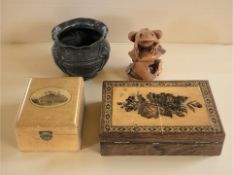 A Mauchline Ware box depicting Castle Leod, a further parquetry box,