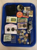 A group of coins and bank notes including reproduction Roman coins, wristwatch, modern pocketwatch,