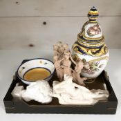 A large continental lidded vase, contemporary busts and a fruit bowl.