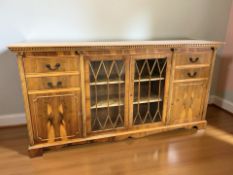 A reproduction yew wood sideboard, 194 cm x 37 cm x 97 cm.