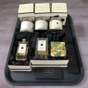 A group of Jo Malone products to include three scented candles, three boxes of matches, bar of soap,