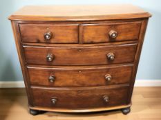 A Victorian mahogany bow front five drawer chest, 110 cm x 52 cm x 108 cm.