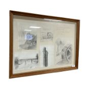 A montage of 20th century continental pencil sketches, framed overall as one, 64 cm x 48 cm.