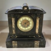 A Victorian slate and marble eight day mantel clock, with pendulum, height 35 cm.