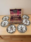 A canteen of EPNS fish cutlery and six Masons ironstone imari plates.