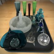 A group of studio glass, animal paperweights, bowls, vases, Mdina bottle with stopper, etc.