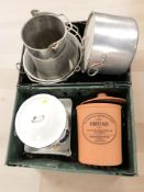 An original Suffolk crock bread bin, an enameled pan with lid, stainless steel pans, etc.