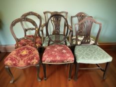 A pair of Victorian carved walnut salon chairs together with four further antique chairs