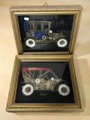 Two Tymeart classic car pictures made from clock components, each 30 cm x 36 cm overall.