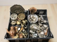 A quantity of metal wares, brass and copper items, tea wares,