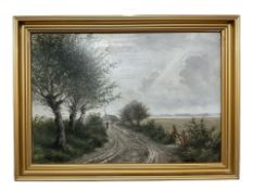 20th Century School : Figure on a country lane, oil on board, 34 cm x 23 cm.