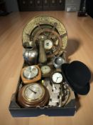 A bowler hat, brass and EPNS chargers, various barometers,