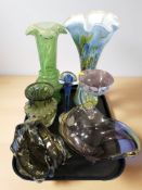 A group of art glass vases, bowls, basket, etc.