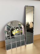 A contemporary sectional mirror, 123 cm x 92 cm, and a further rectangular mirror.