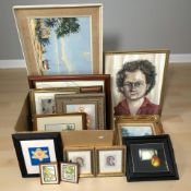 A group of pictures and prints including oil on canvas portrait, further oil on canvas still life,