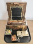 A Victorian figured walnut writing box, pair of gilt metal lorgnettes,