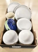 A quantity of Denby bowls and plates, a Ringtons Maling rose bowl, and a pottery plant pot.