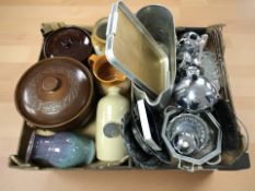 A quantity of stainless steel kitchen wares, ceramic cooking pans with lids,