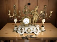 A 19th century French alabaster and gilt metal figural clock garniture set,