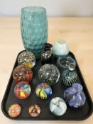A group of studio glass paperweights, Caithness vase, large blue glass vase.