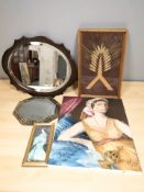 A group of pictures and prints, octagonal brass mirror, further mirror,