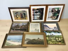 A group of pictures and prints including an E Grieg Hall watercolour loch scene,