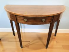 A Victorian mahogany and satinwood inlaid demilune hall table, fitted a drawer,