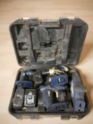 A group of MacAllister tools including drill, nail gun, multi-saw.