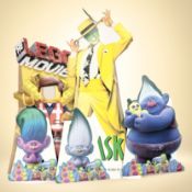 A group of movie cut-outs including The Lego Movie, The Mask, etc, tallest 180 cm.
