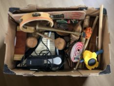 Assorted musical instruments including marimbas, maracas, tambourine, horn,