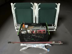 A folding chair and a box containing assorted tools, hardware, including Black & Decker, etc.