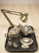An angle poise lamp, EPNS teapots,