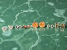 Six pairs of silver gem set earrings including amber,