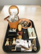 Three travel flasks in carry case, small hip flask, pair of mother of pearl opera glasses,