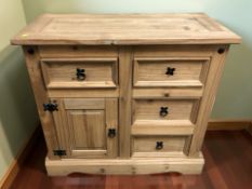 A modern pine side cabinet fitted cupboard and drawers, 92 cm x 45 cm x 84 cm.