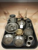 Assorted early 19th century pewter, two hand bells,