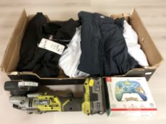 A Ryobi angle grinder, a Nintendo Switch wired controller and a quantity of clothing.