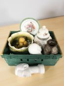 Ceramics including large pottery planter, stack of fruit, two busts,