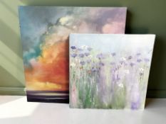 Two contemporary unframed canvas prints depicting clouds at sunset and flowers in a field,