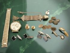 A Victorian gilt-metal watch fob chain, several pairs of cuff links,