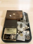 A Roberts desk stamp in original box, two Victorian wooden table boxes, inkwells, fountain pen nibs,
