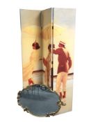 A contemporary threefold screen, each panel 40 cm x 180 cm, together with an ornate gilt mirror.