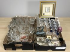 Assorted drinking glasses, a chrome mantel timepiece in the form of an aeroplane, iron and trivet,