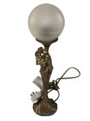 An Art Deco style figural table lamp with frosted shade, height 44 cm.