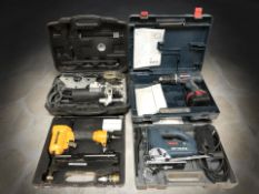 A Bostitch nail gun, a Trend router, Bosch GTS 100BCE jigsaw, Bosch drill,